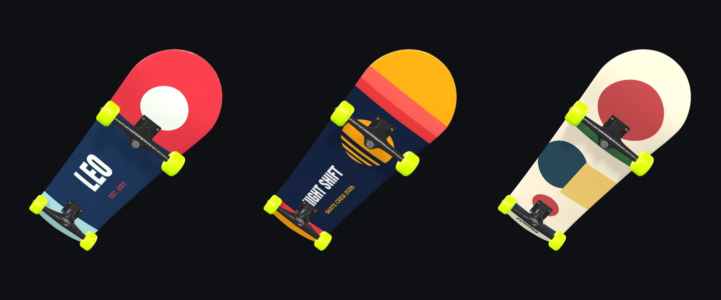 Three skateboard decks with custom designs, shown assembled in 3D with trucks and lime wheels: one with the name Leo, one with a sunset and the words Night Shift, and one with geometric shapes