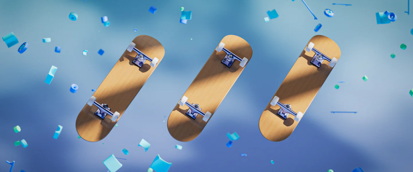 3D render of three blank maple skateboard decks seen from below, trucks fitted, floating among blue confetti