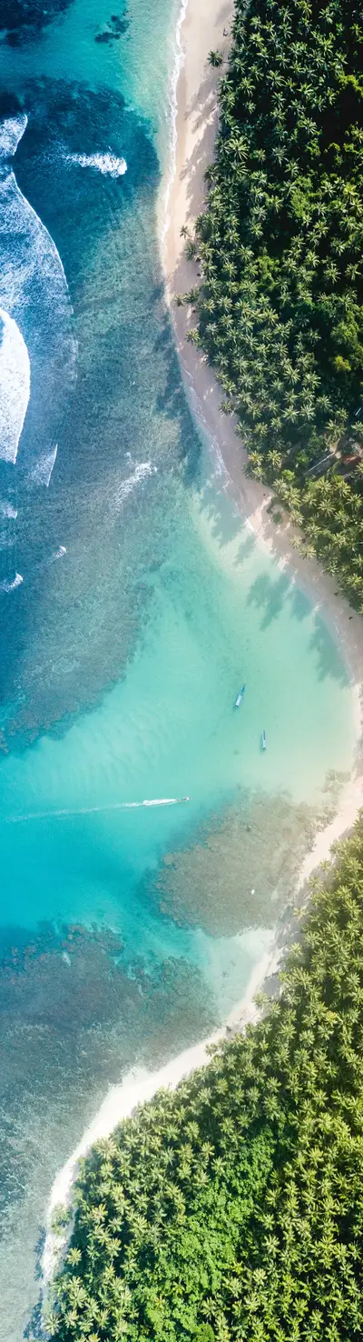 Tabla de skate con una playa tropical vista desde el aire