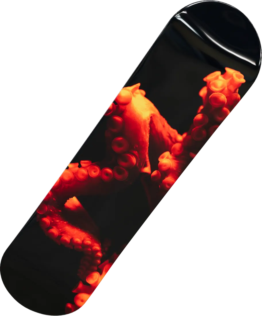 Custom skateboard deck with a design printed on the underside