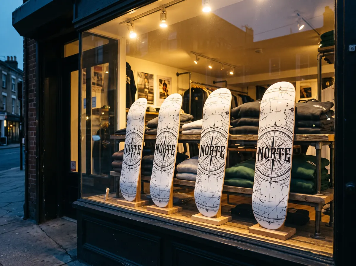 Vitrine d'une boutique de vêtements avec quatre planches de skate d'une marque inventée