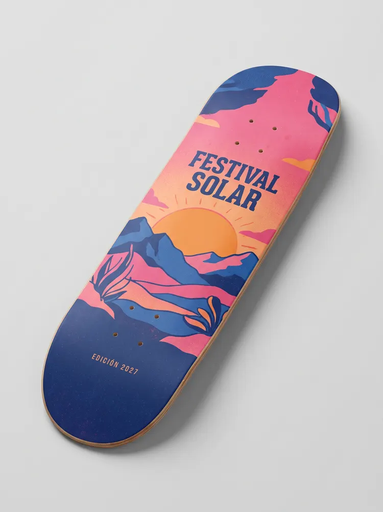 Planche de skate avec l'affiche d'un festival inventé : un soleil au-dessus des montagnes