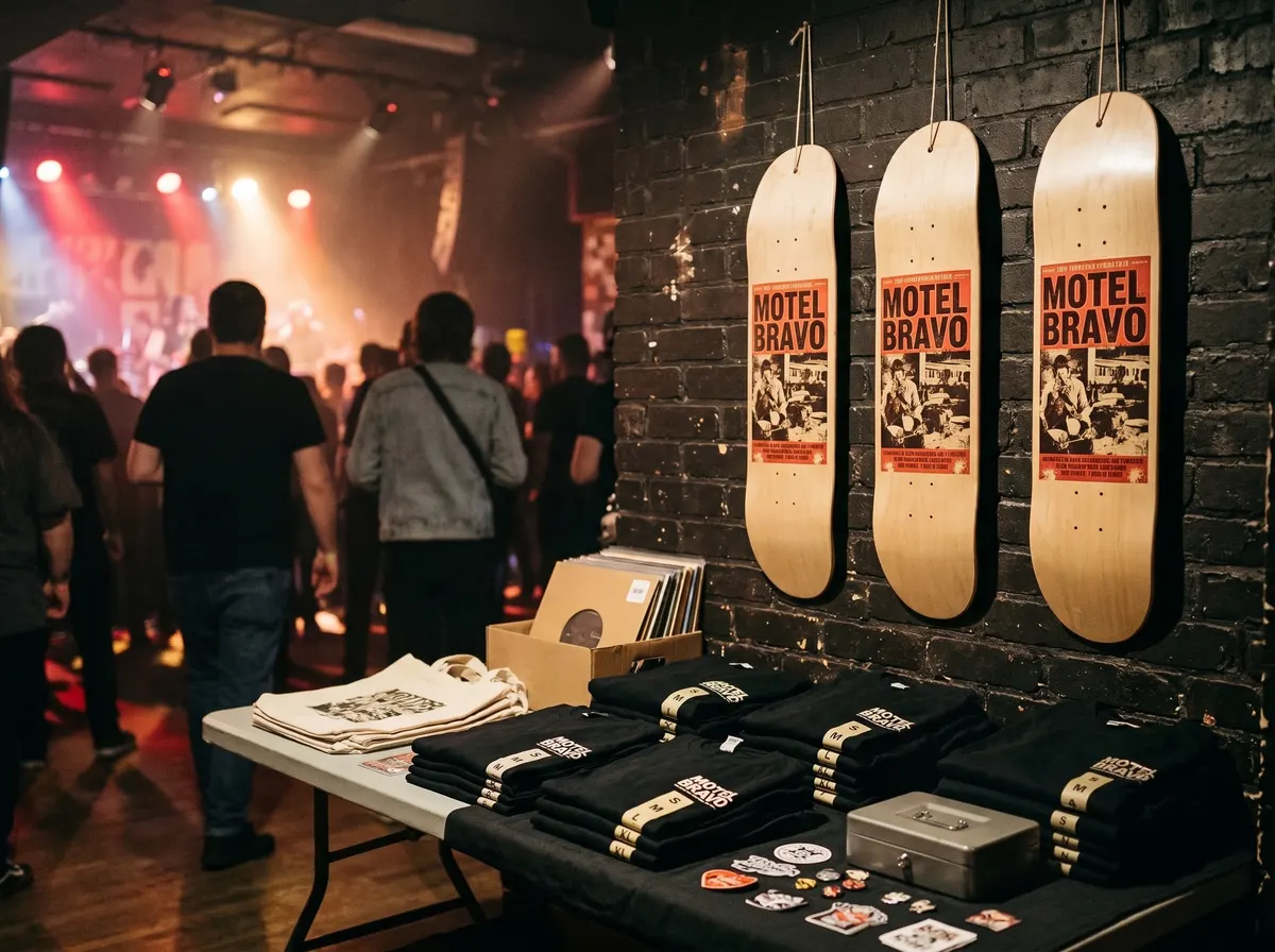Stand de merch à un concert avec trois planches de skate d'un groupe inventé accrochées au mur