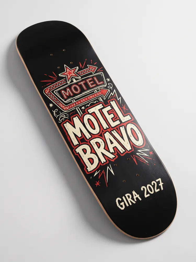 Planche de skate avec l'affiche de la tournée d'un groupe inventé