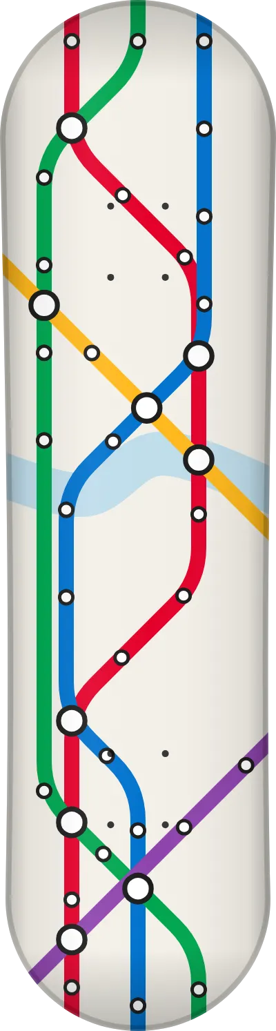 The Metro template printed on a skateboard deck