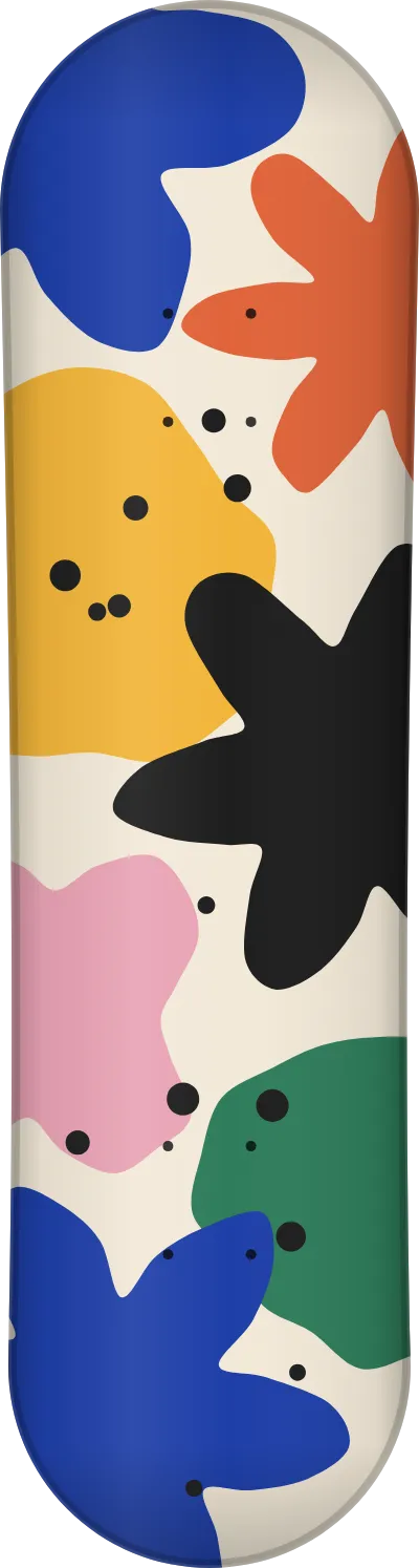 The Cut-outs template printed on a skateboard deck