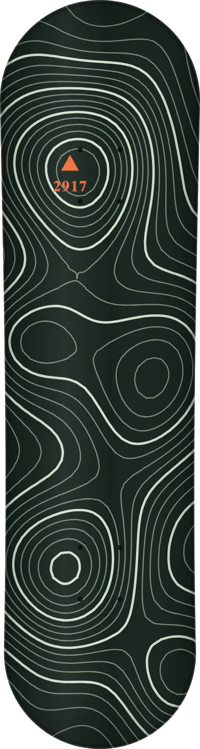 The Topography template printed on a skateboard deck